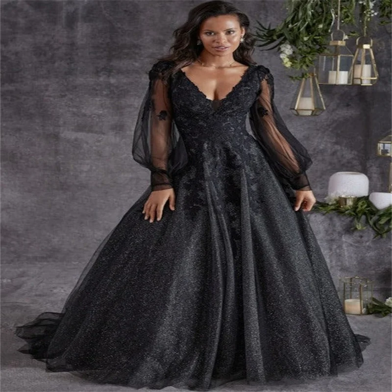 Vestido de novia Vintage de tul con cuello en V negro, vestido de boda de corte A para mujer, vestido de baile de boda elegante con apliques de encaje, mangas para vestido de novia