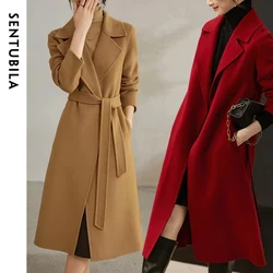 SENTUBILA-abrigo largo con solapa y muescas para mujer, abrigo cálido de lana 100%, grueso y cálido de doble cara, elegante, W24O43352, 2023
