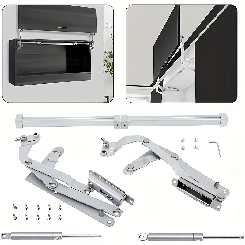 1 set Folding Lift Desk Bracket, Cabinet Door Hinge, Flat Slide Support for Cabinets with Lift Buffer Pneumatic Rod Holder, Suit