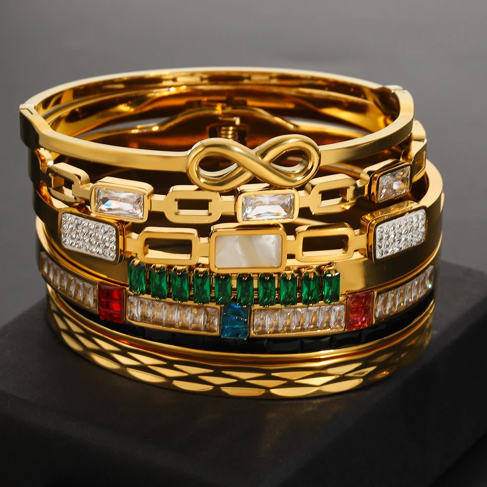 Greatera Stainless Steel Round Corrugated Bracelet 8 Letter Pattern Colorful Cubic Zircon Filled Women's Hollow Bangle Jewelry