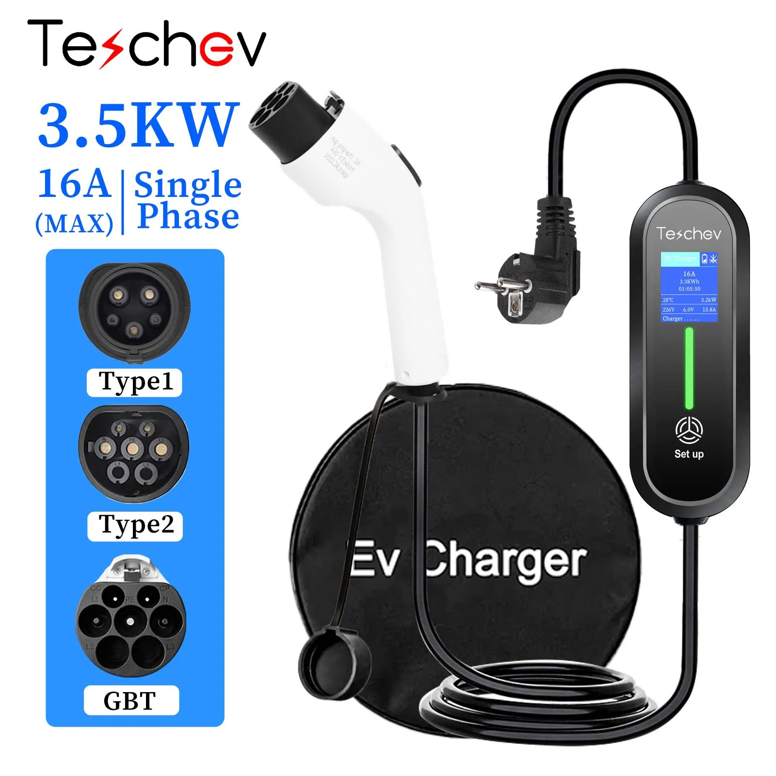 Teschev Protable EV Charger 220V 230V Level 2 GBT Car Charger 16A 3.5KW Type 1 Car Accessories Type 2 Car Charger for Electric V