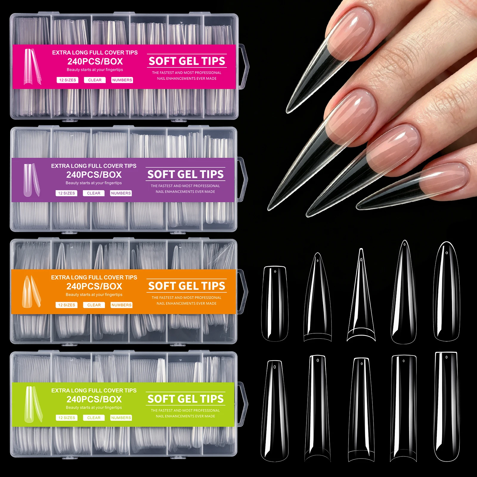 240 Stück Extra Lange Klare Weiche Gel-Nagelspitzen Künstliche Nagelverlängerungen Ohne Feile Benötigt Spurlose Faltbare Abziehbare Nagelspitzen-Box für Salons – Detail 2
