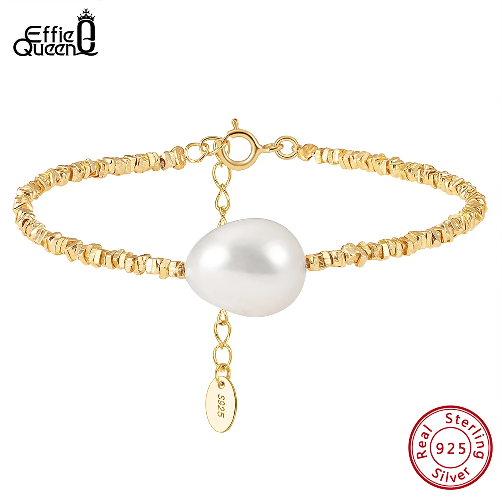 

EFFIE QUEEN Elegant 10mm Baroque Freshwater Pearl Charm Bracelet Dainty 925 Sterling Silver Shiny Chain Bracelet Jewelry GPB19