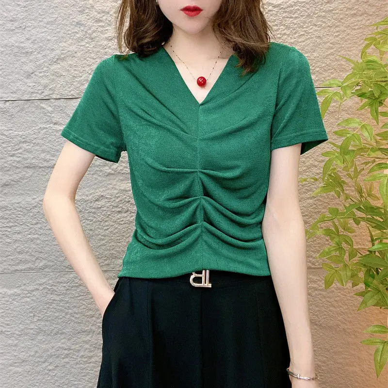 Fashion Net Yarn V Neck T Shirts Summer New Short Sleeve Solid Pleated Slim Temperament Tops Tees Elegant Office Women Clothing