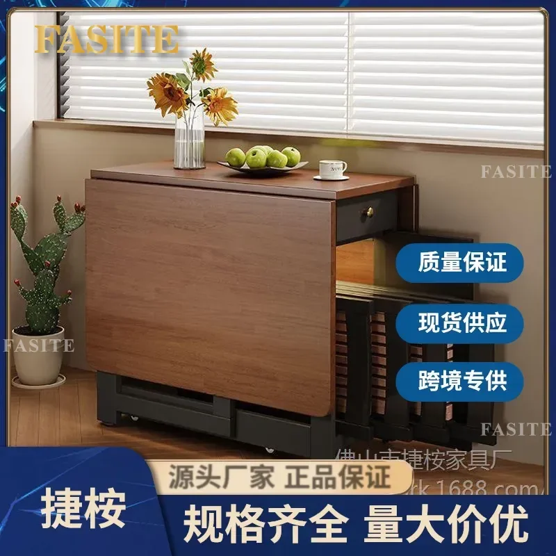 For Small Apartment Retro Style Solid Wood Folding Dining Table and Chair Set Modern Simple Invisible Telescopic