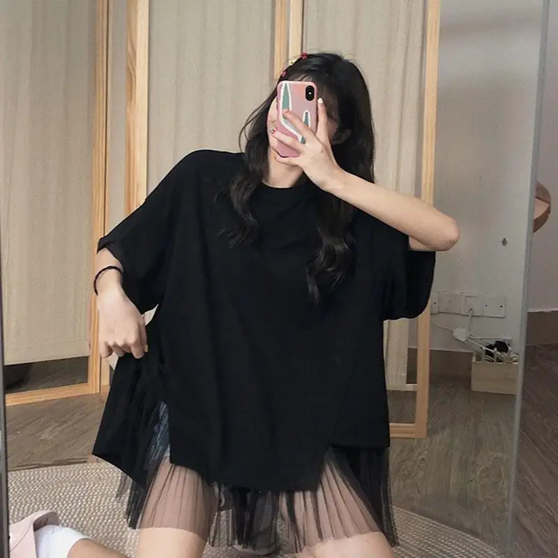 Plus size cseta de manga curta fena verão solto emenda malha topo estilo coreano em torno do pescoço padrão criativo f...