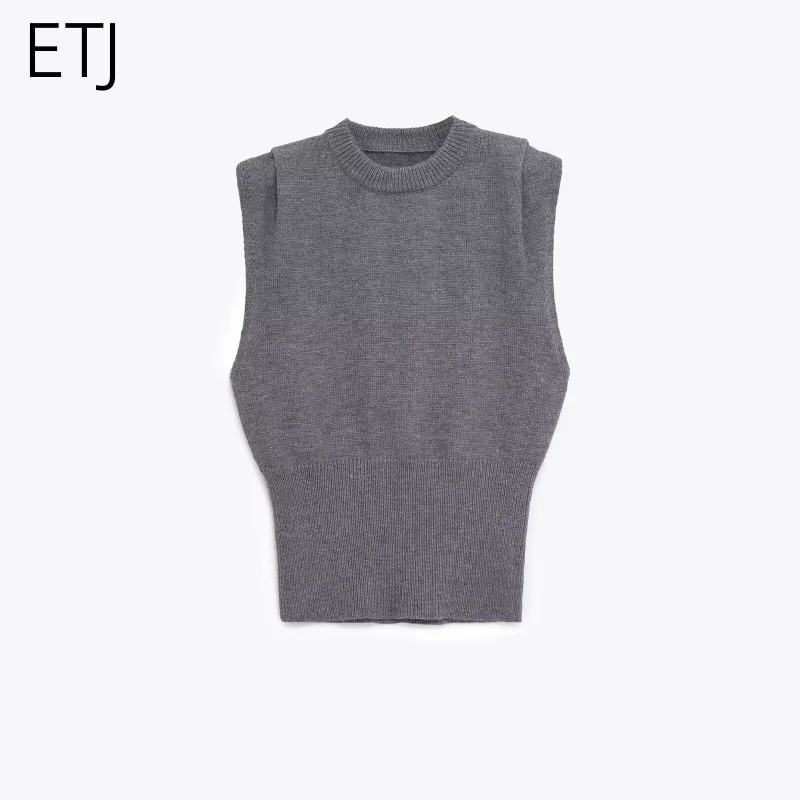 

ETJ 2023, осенний новый женский модный дизайн, плиссированный вязаный жилет без рукавов, простой вязаный топ