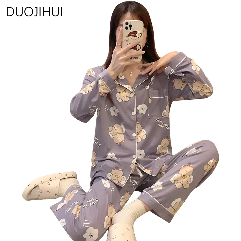 Duojihui Herbst zweiteiligen schicken Druck einfache Frauen Pyjamas Set neue Knopf Strickjacke Basic Fashion Hose lässige weibliche Nachtwäsche