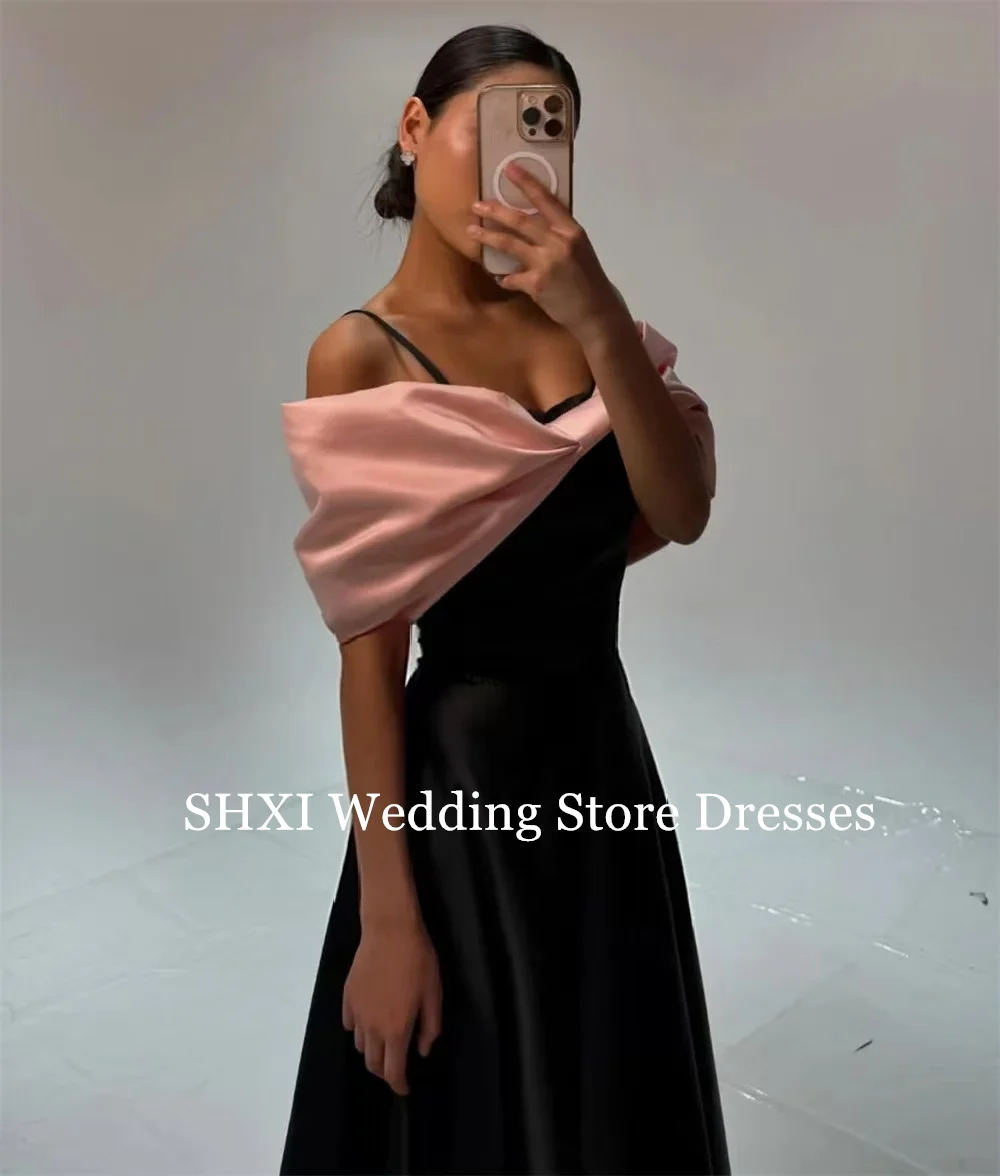 SHXI Semplice Nero Rosa Una Linea Abiti da ballo Personalizzato Senza Spalline Off Spalla Abito da Sera Del Partito Abiti da festa in Raso