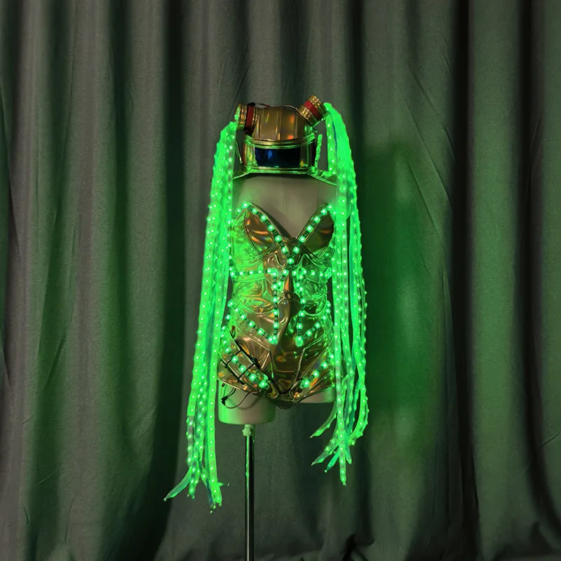Fantasy Color Change Women Jumpsuit LED Luminous Costume Long Braids Masquerade Hat Stage Party Nightclub Clothing Cosplay Suit