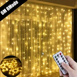 Guirnalda de cortina LED para ventana, luces de hadas con alimentación USB, festón con control remoto, decoración navideña de Año Nuevo, 6M