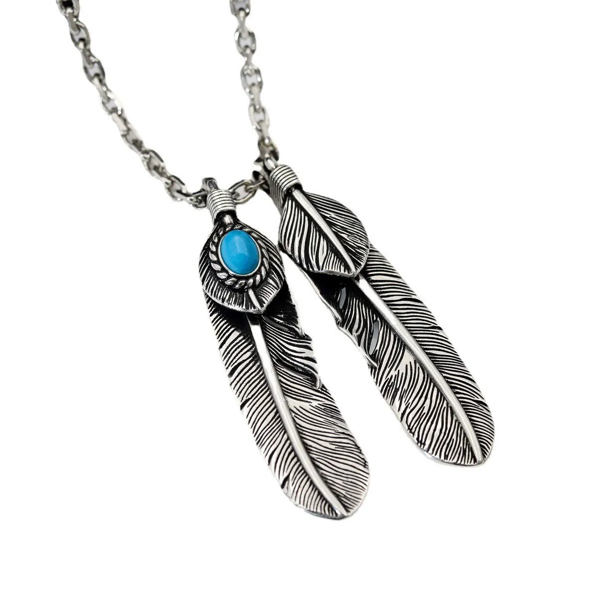 Top quality Japan Takahashi goro's blue turquoise feather leaf pendant too horn chain vintage silver men and women long necklace