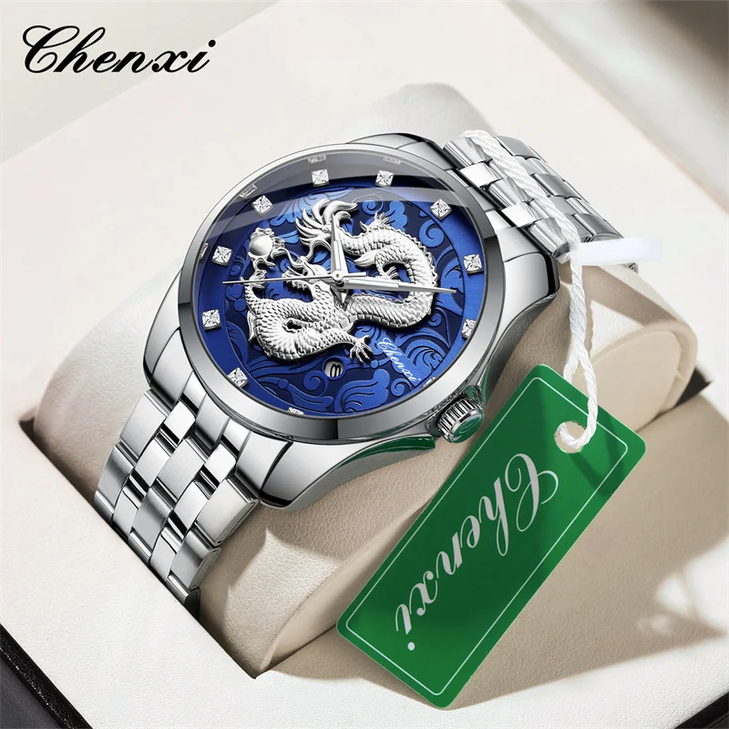 Chenxi 8220 Top Brand Man Quartz Watch  Dragon Luxury Luminous Wristwatch Stainless Steel Waterproof Men Date Calendar