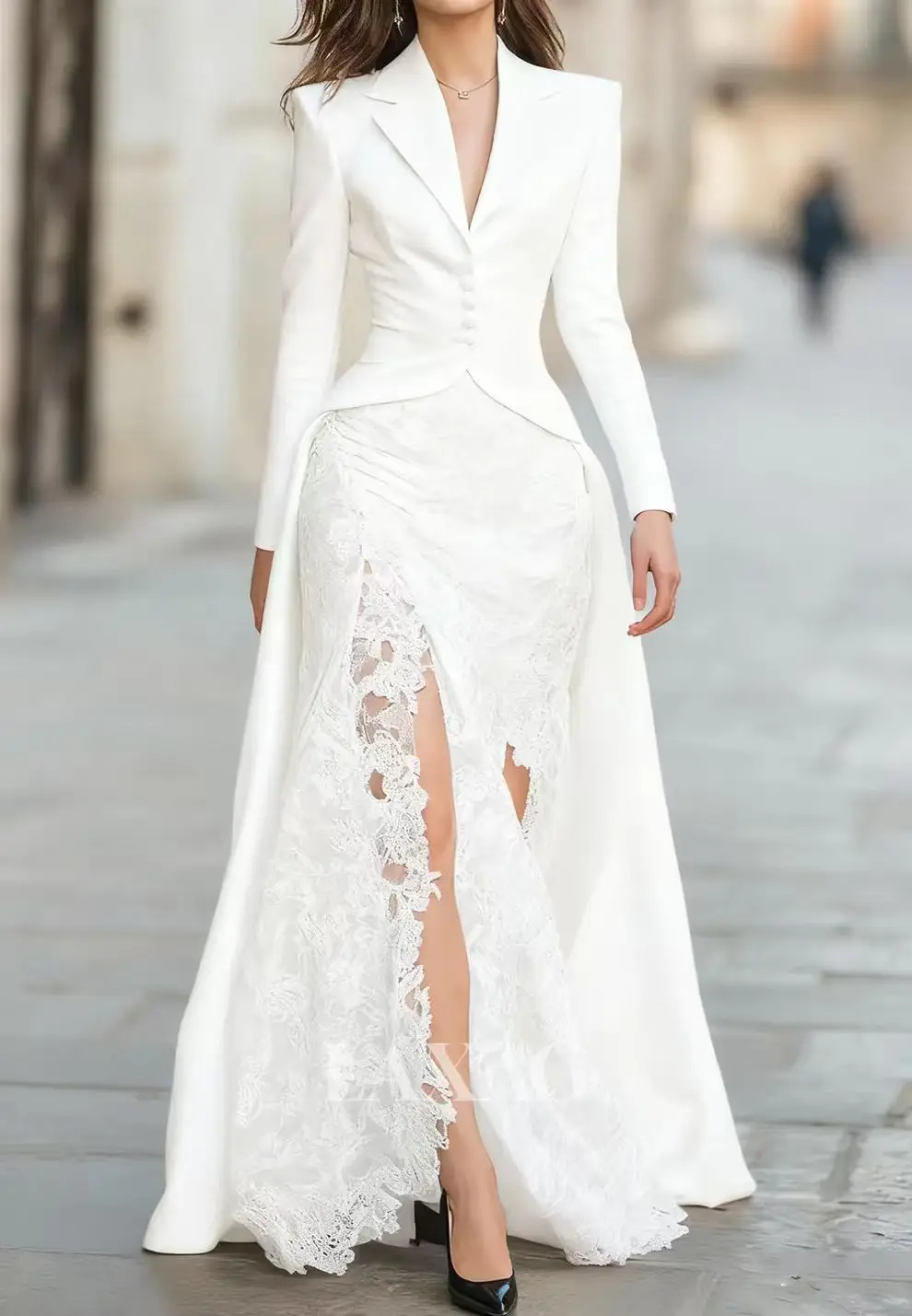 

Autumn Women's Lapel Button Top and Skirt Two Piece Set Lace Patchwork Slim Fit Party Suit Elegant Solid Formal Occasion Outfit