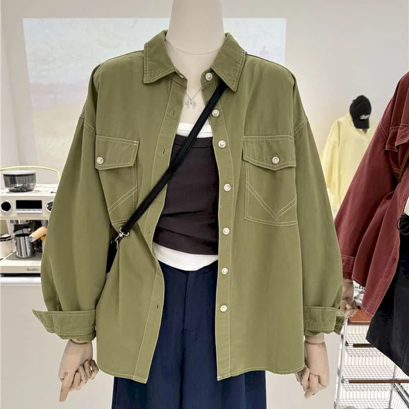 

Shirt Jackets Women Vintage Korean Style Oversized Polo-neck Solid Cardigans Long Sleeve Workwear Coats Mid-length Women Tops