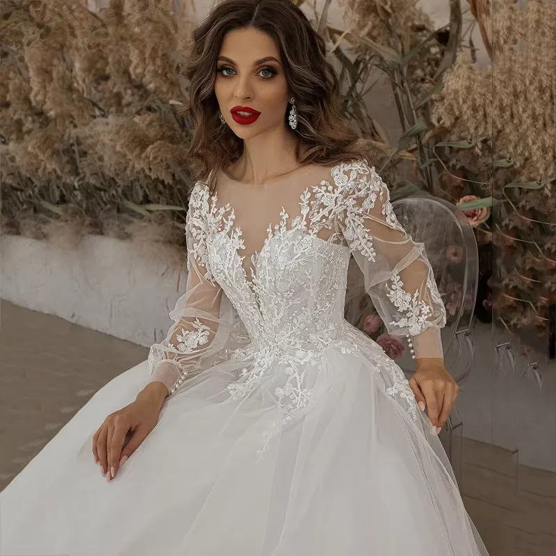 Una línea de vestidos de novia con apliques de manga larga de encaje moderno tul vestido de novia bohemio 2025 vestidos de novia