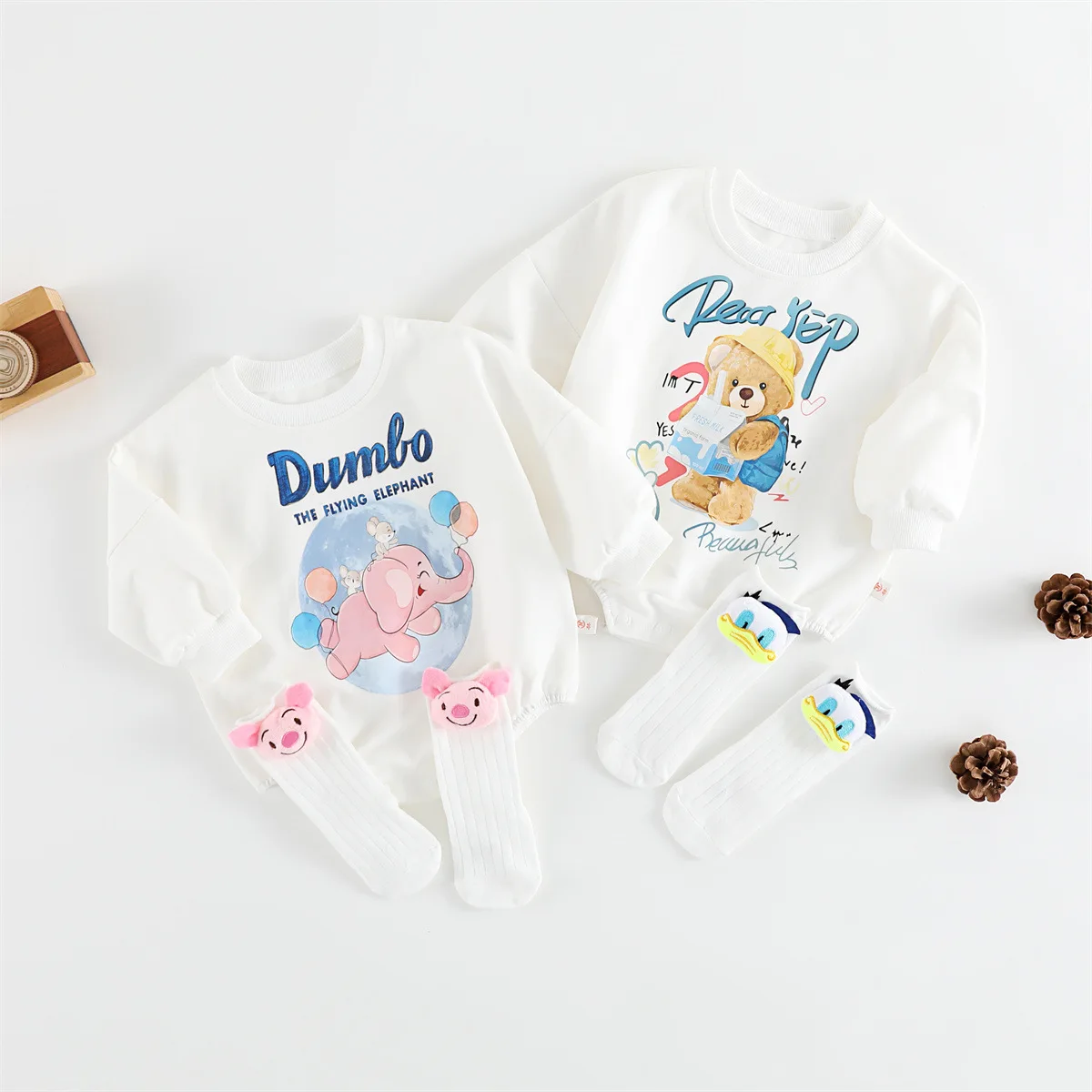 

0-2years Old Disney Cartoon Dumbo Baby Trend Triangle Bag Butt Clothes Autumn Men's and Women's Baby Clothes Long Sleeve Clothes