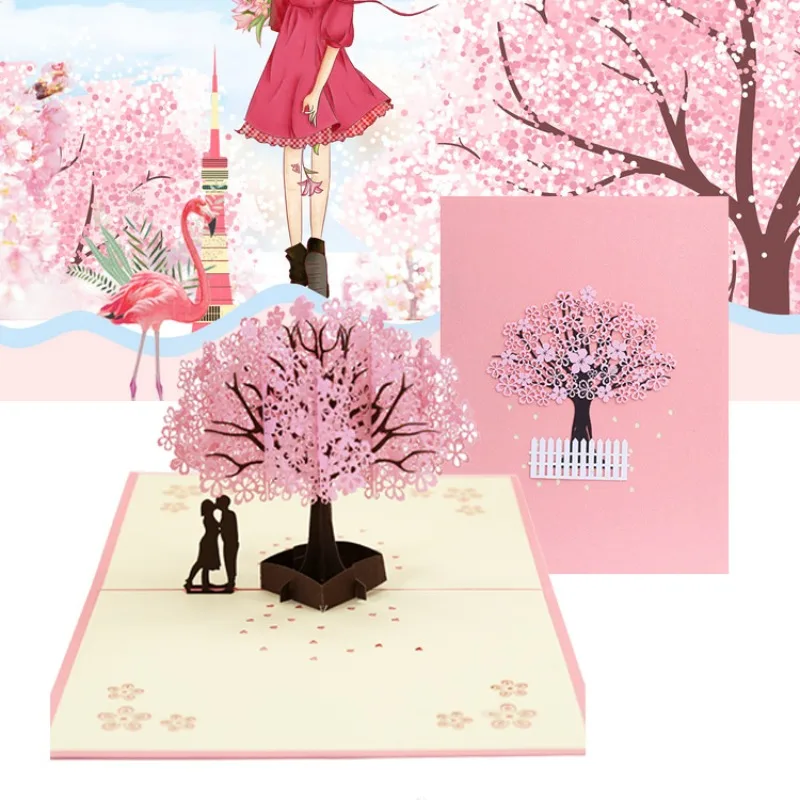 Biglietti Pop-Up 3D fiori biglietto di compleanno regali di anniversario cartolina Cherry Blossom coppia stile inviti di nozze biglietti di auguri