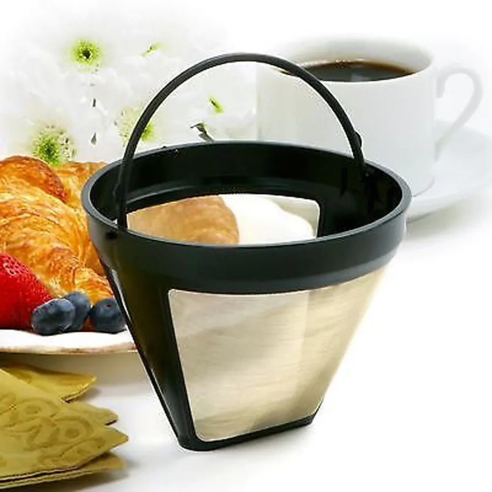 Useful Reusable 10-12 Cup Coffee Filter Permanent Cone-Style Coffee Maker Machine Filter Gold Mesh With Handle Cafe Coffees Tool