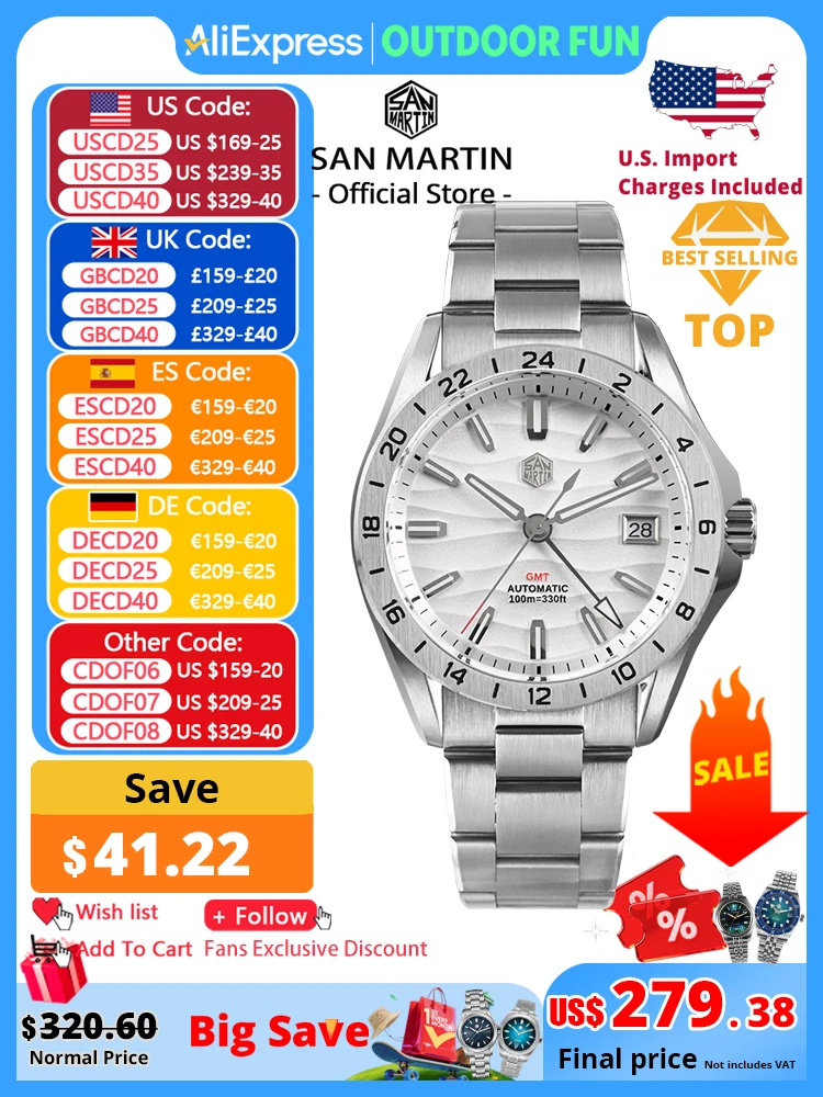 

San Martin, новинка 39 мм, текстура пустыни, роскошные мужские деловые часы GMT, автоматические механические водонепроницаемые часы 100 м, светящиеся SN0129