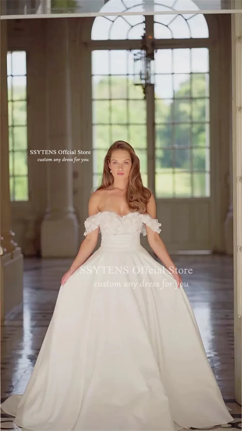 SSYTENS Vintage schulterfreie Brautkleider, schulterfrei, Applikationen, Brautkleider, Satin, rückenfrei, Brautkleid für Damen, individuell