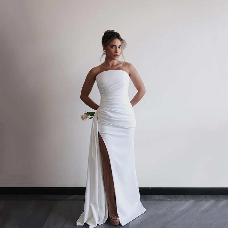 

Eightree Simple White Mermaid Wedding Dresses Strapless Side Slit Satin Bridal Dress Formal Maxi Wedding Prom Gowns Customized
