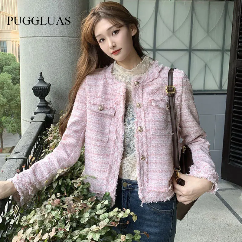 New Autumn Winter Vintage Tweed Jacket Coat Women Small Fragrance Patchwork Korean Woollen Cropped Coats Elegant Short Outerwear