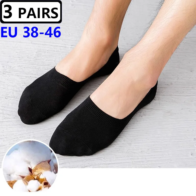 3 Pairs Large Big Size 45,46 Summer Mens Cotton Invisible Boat Socks Silicone Anti Slip Shallow Mouth Breathable Deodorant Socks