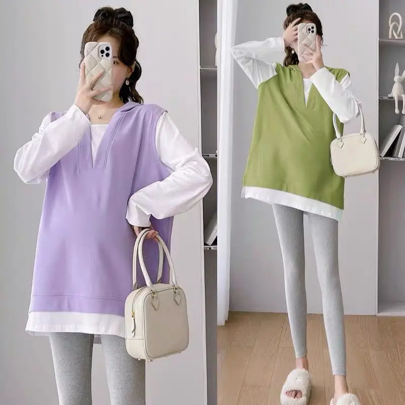 2026 New Maternity 2 Piece Outfit Chic Fake Two Piece Long Sleeve Sweatshirt Set Age reducing Basic Tops for Pregnant Women Wear