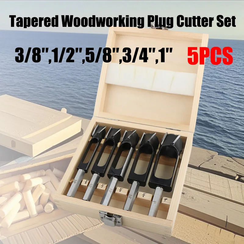 

5Pcs Woodworking Drill Bits Kit Tapered Sealing Plug Cutter Hex Shank Wood Plug Drill Tapered Tenon For Furniture Making Tools