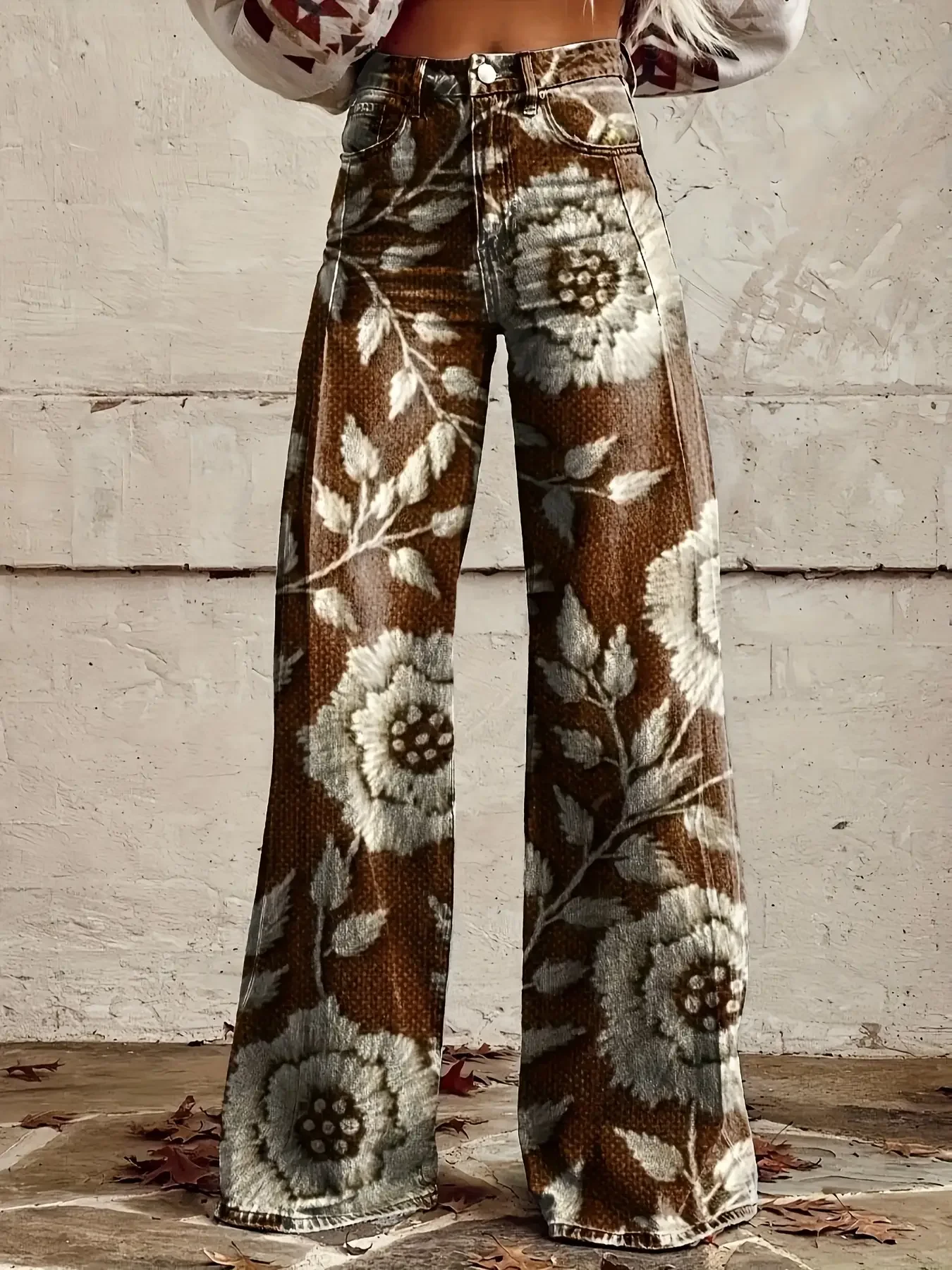 

Women's imitation jeans with printed high waisted flared pants, retro fashion, high and slim, Exquisite button craftsmanship