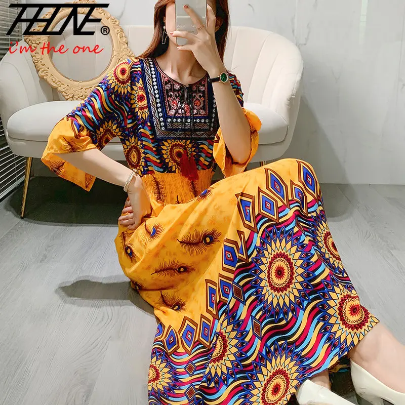 

Retro Long Dress for Women Round Neck Elastic Waist Seven-Quarter Sleeve Maxi for Travel High Waist Cotton Beach Vestidos Robe