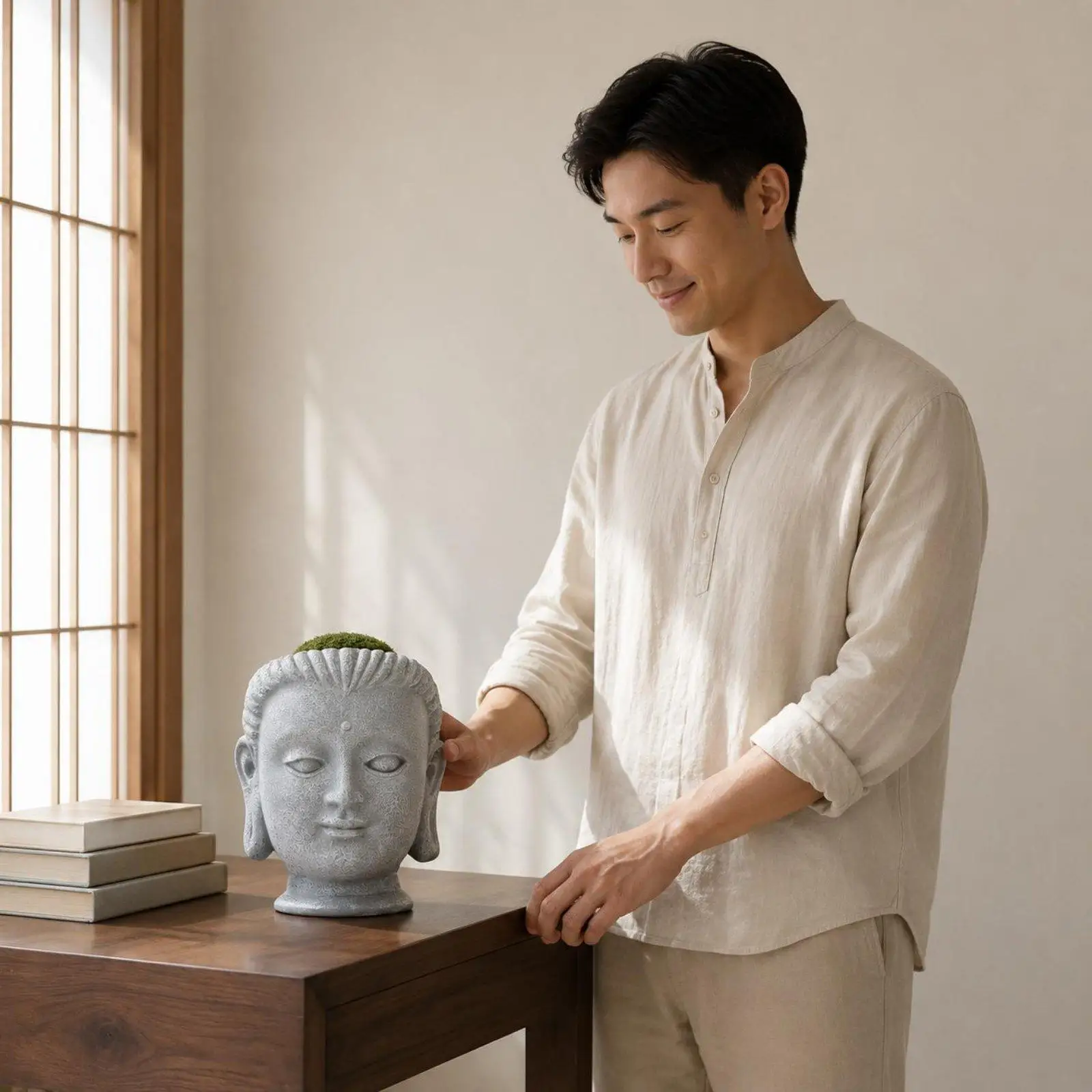 Zen Head Meditation Planter Resin Flower Pot Spiritual Sculpture Garden Vase for Creative Spaces