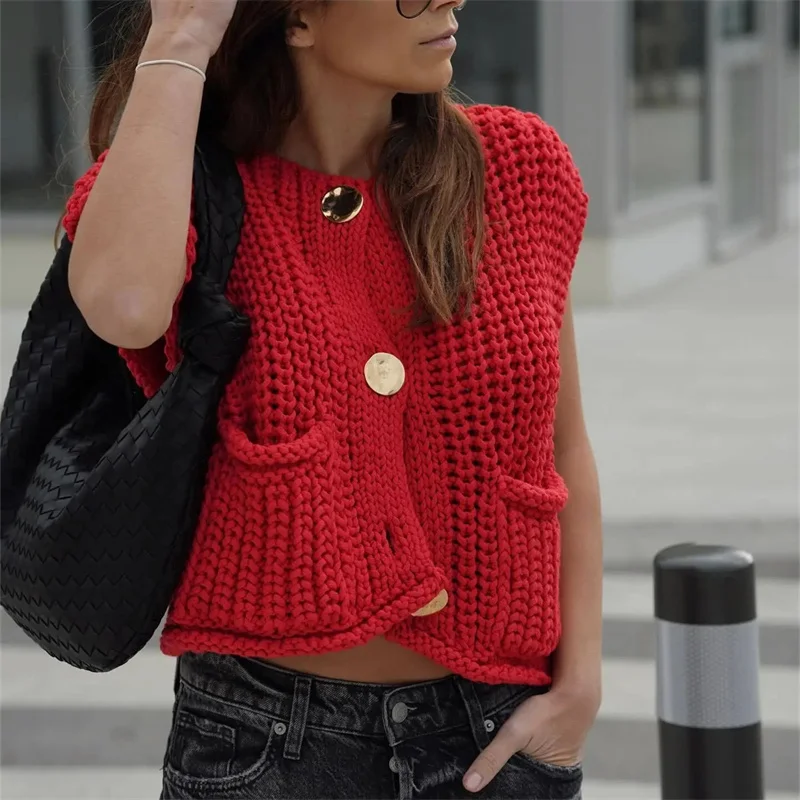 TRAF Red Knit Vest Woman Cropped Sleeveless Vests For Women Cardigan Spring Knitted Sweater Vest Fashion Women Sweaters 2024