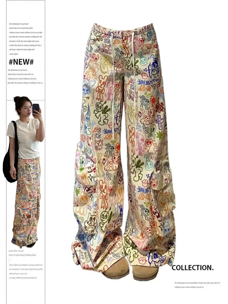 

Women's Cute Graphic Print Baggy Pants Vintage Harajuku Y2k Parachute Pants Aesthetic Oversize Wide Trousers 2000s Clothes 2024