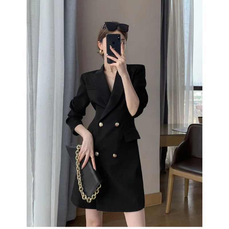 Women Autumn 2023 New Black Dress Suit Skirt Long Sleeve Waist Slim Temperament Fan A-line Skirt Midi Skirt  Solid Colors