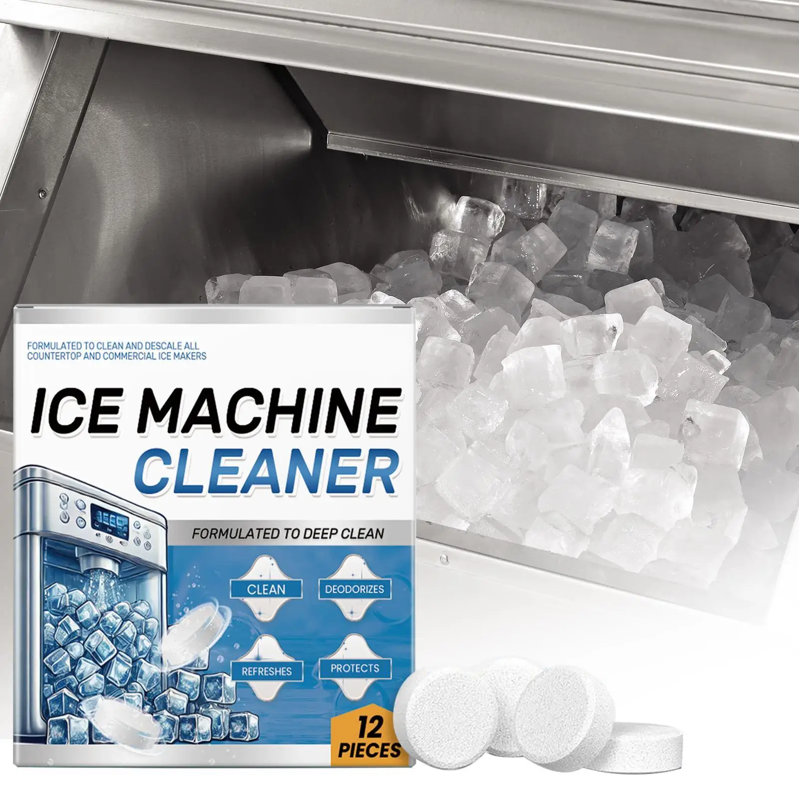 12Pcs Ice Machine Cleaner Tablets Deep Clean Descale Remove Dirt Odor For Countertop Commercial Home Use