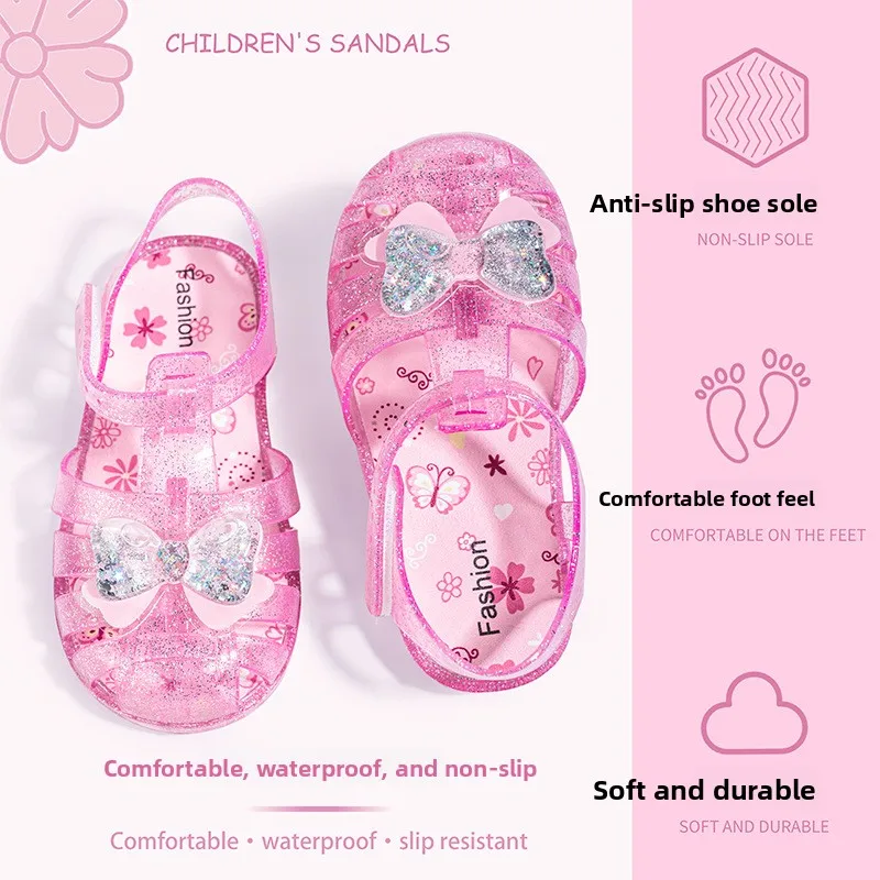 2026 New Summer Children Jelly Princess Bow Sandals Sweet Shaped Girls Toddlers Baby Breathable Hollow Shoes