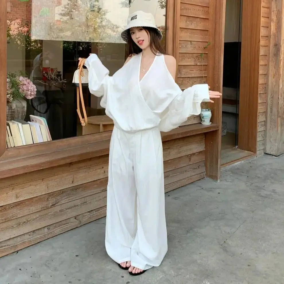 

2025 женский комплект из 2 предметов Tencel, сухой и прохладный летний топ с открытыми плечами + расклешенные повседневные широкие брюки с микро-расклешенями