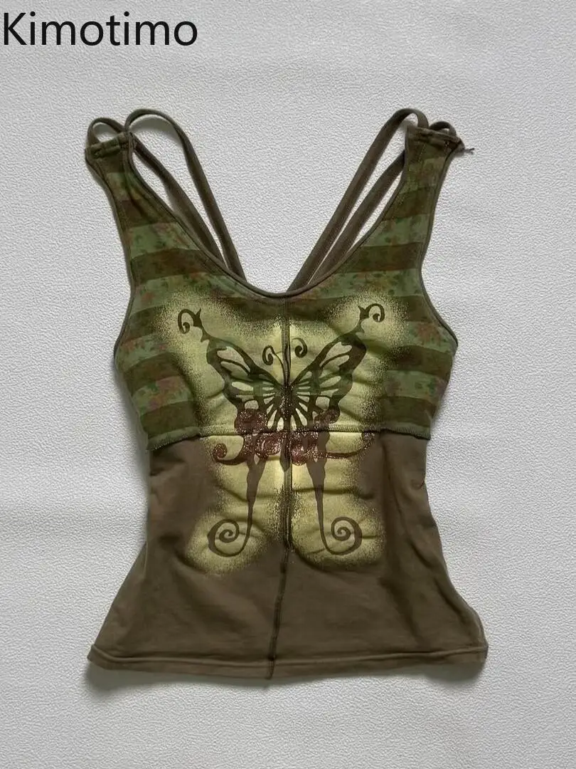 

Винтажный камуфляжный топ-майка Topenomi с принтом бабочек, женский сексуальный укороченный топ с открытой спиной, облегающий, в стиле Y2K, готика, Anks