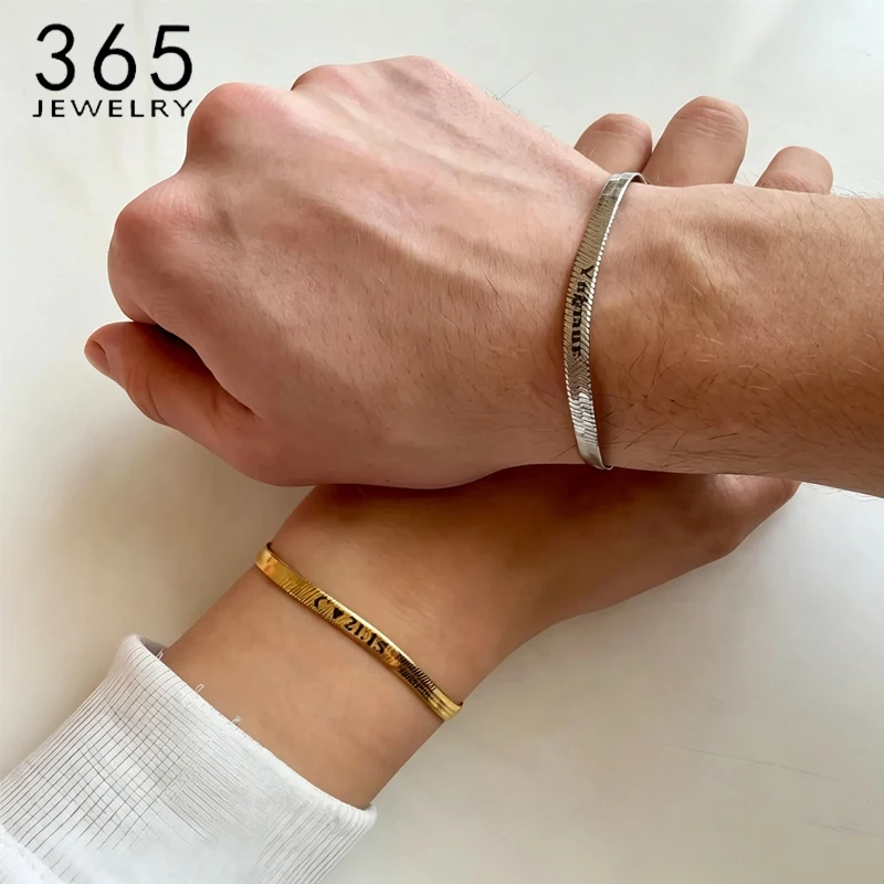 365 Punk Customized Engraved Text Blade Chain Women Bracelet Stainless Steel 6mm Wide Flat Snake Hand Chain Couple Jewelry Gift