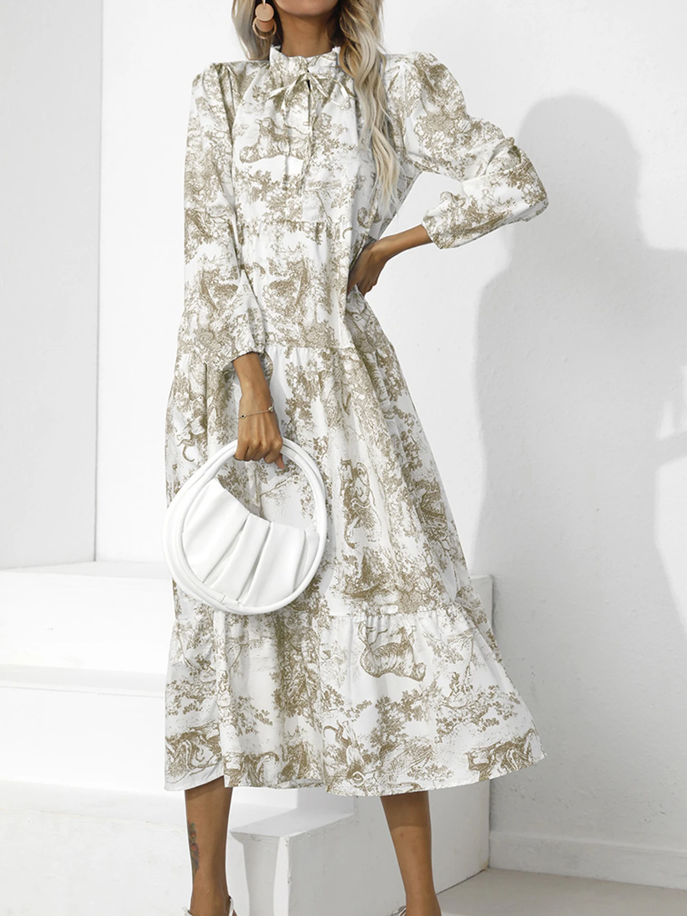 Elegantes Damen-Midikleid mit Batikmuster, Schnürung, lange Puffärmel, Stehkragen, A-Linie, Midikleid, Herbst-Urlaubskleid