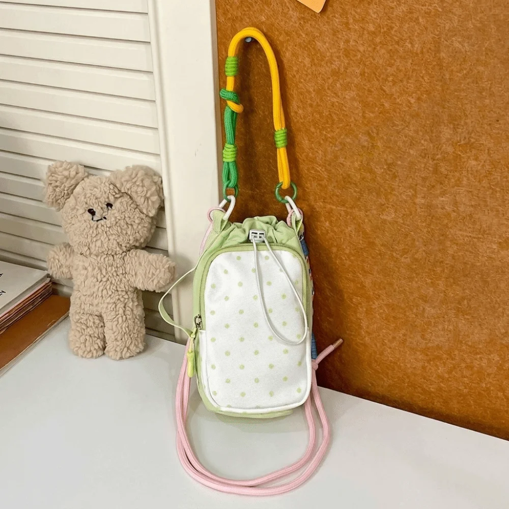 Colorful Rope Water Bottle Crossbody Bag Polka Dot Lightweight Drawstring Sling Bag Adjustable Strap Portable