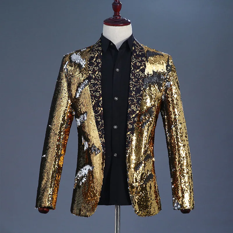 Spring/Fall Buttonless Two Color Flip Sequins Green Fruit Collar Blazer for Men,Nightclub Bar DJ Singer Host Tide Men's Jacket