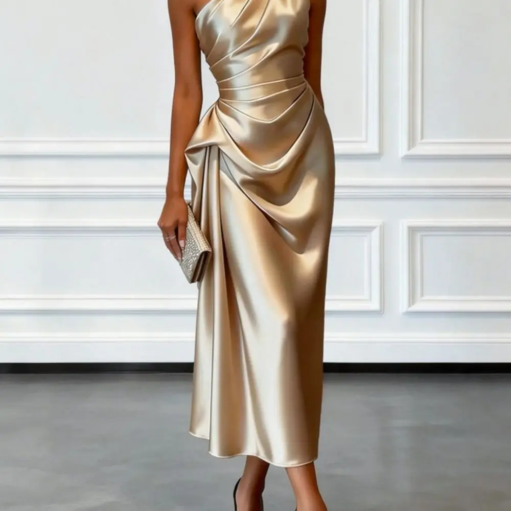 Sophisticated Satin Evening Dress Women One Shoulder Pleated Slim Waist Long Formal Gown For Prom Party Event Wear view 3