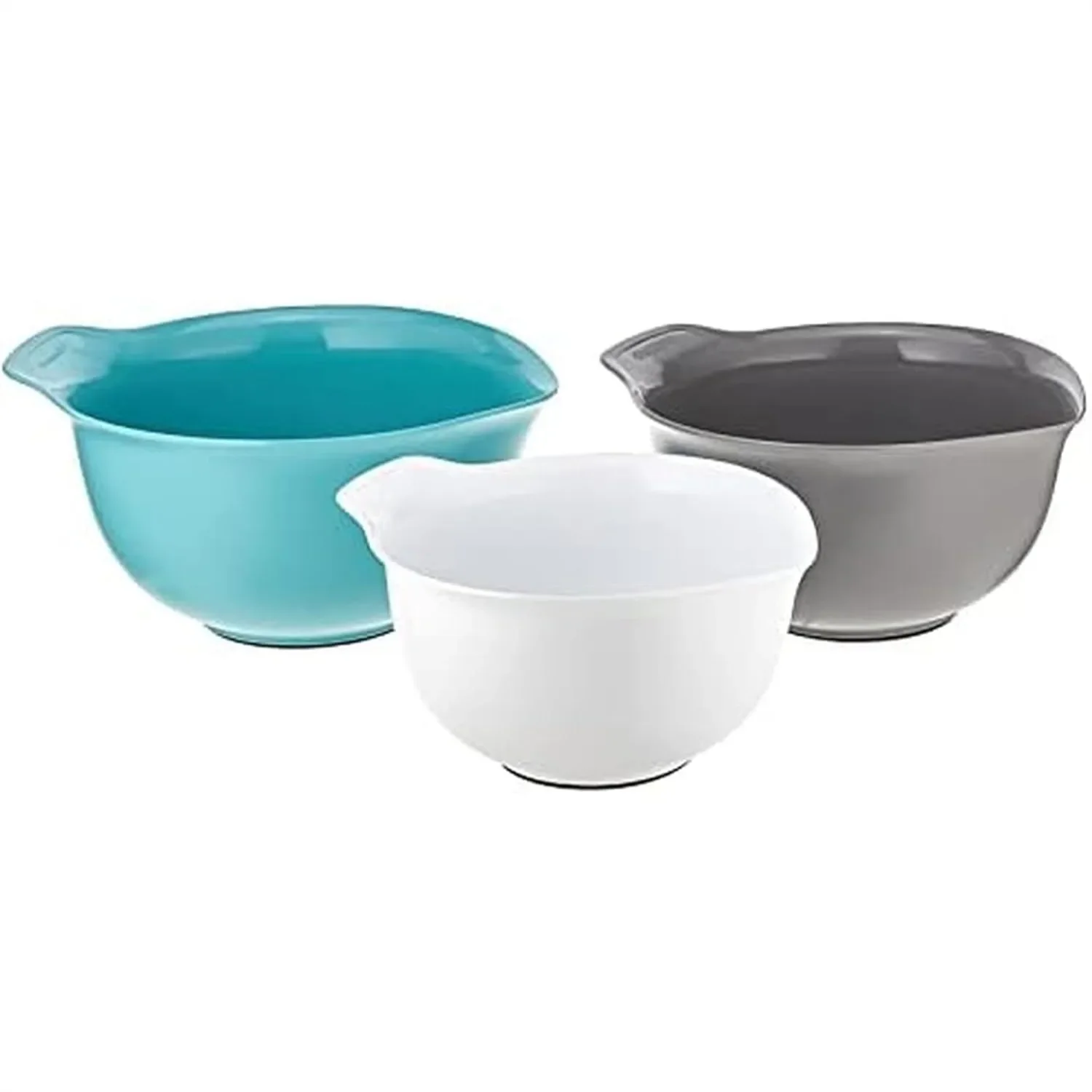 

Nesting Plastic Mixing Bowls Set of 3 with Non-Slip Base and Easy Pour Spout, Dishwasher Safe in Aqua Sky, White, Gray