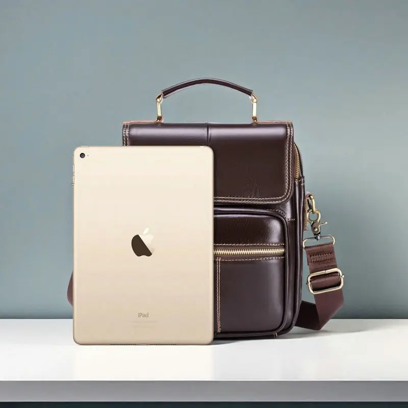 Leather men's bag Outer layer of genuine cowhide vertical style briefcase-style casual cross-body, single-shoulder leather bag