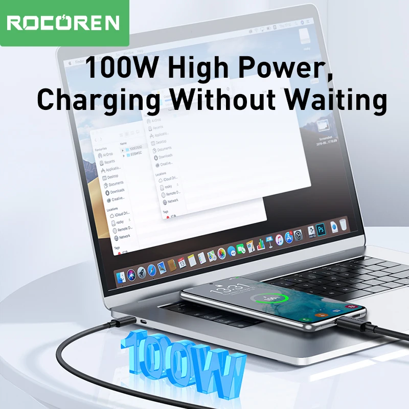 Rocoren 100W USB C To USB Type C Cable USBC PD Fast Charging Charger Cord USB-C 5A TypeC Cable For Macbook Samsung Xiaomi POCO