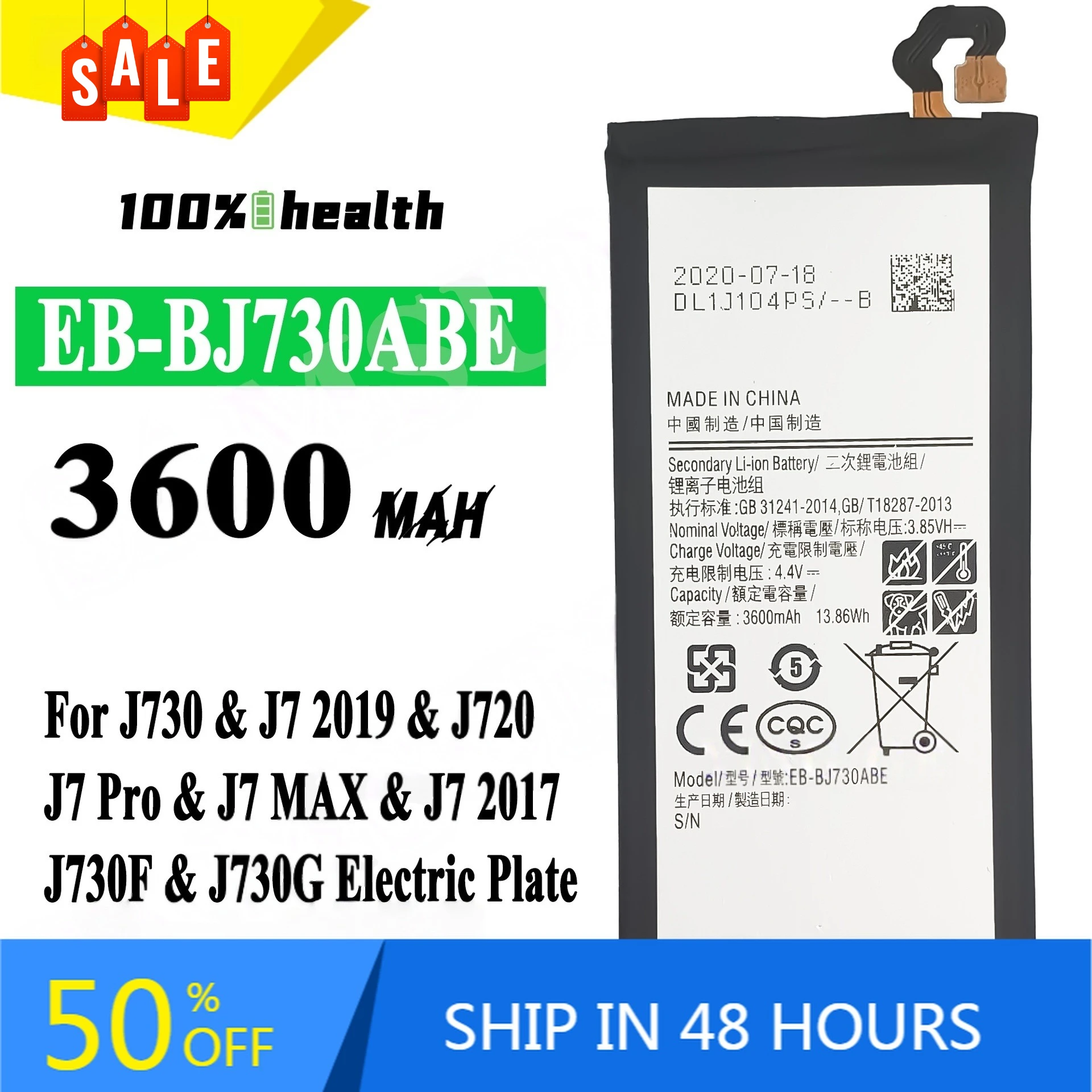 

EB-BJ730ABE 3600mAh High-capacity Mobile Phone Battery for Samsung J730/J7 2019/J720/J7 Pro Lithium Rechargeable Battery
