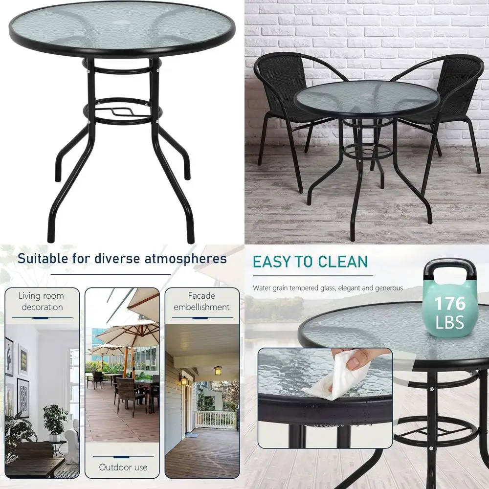 

Round Outdoor Patio Dining Table with Umbrella Hole, Tempered Glass Top, Suitable for Yard, Bistro, Lawn, or Balcony